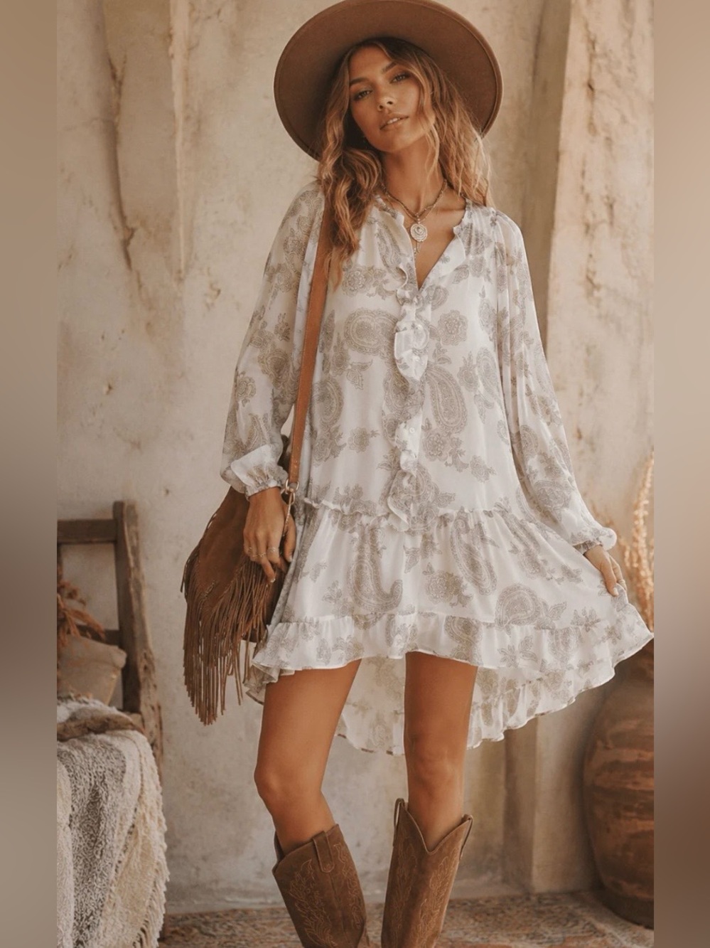 White Paisley Ruffle Tiered Boho Dress ✨